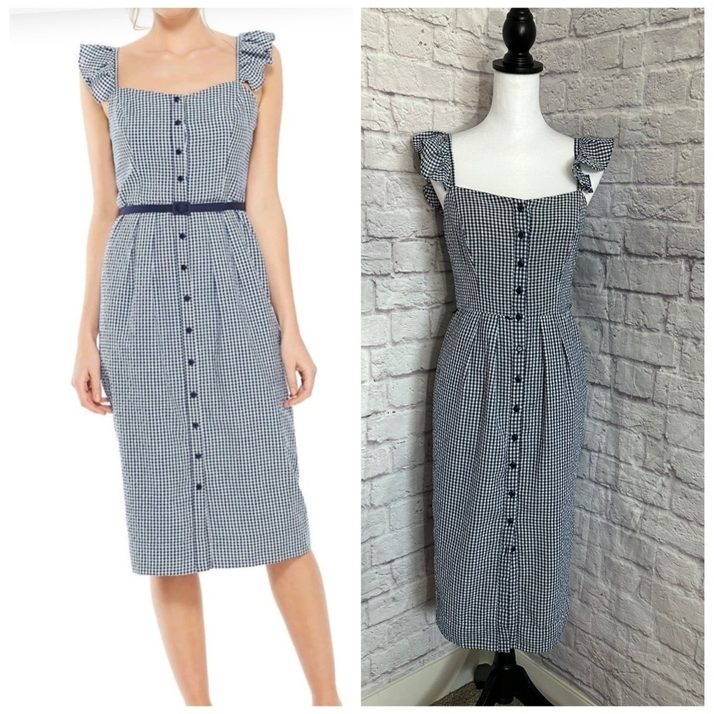 Gal Meets Glam Retro Blue Gingham Ruffle Carly Belted Sheath Midi Dress - Picture 2 of 8
